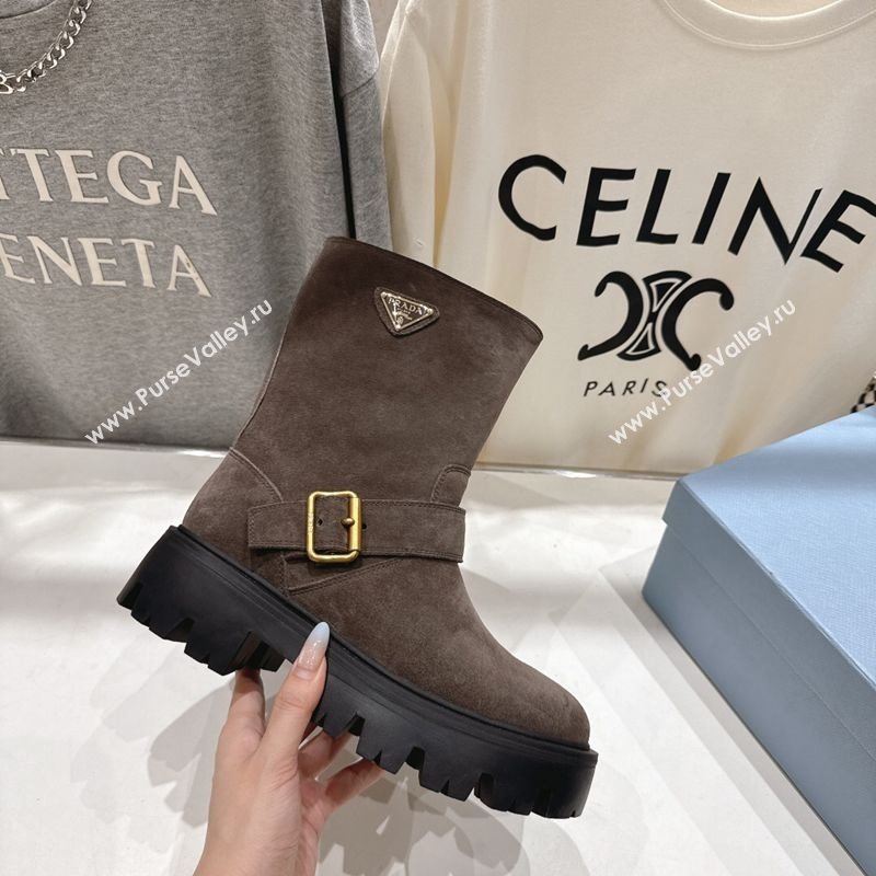 Prada Suede Platform Booties 5cm with Buckle Dark Brown 2025 1U187O (MD-251027068)