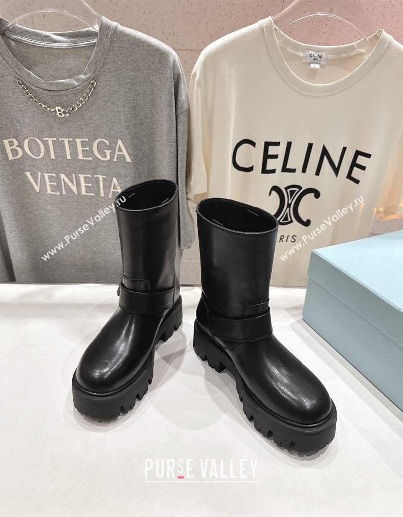 Prada Leather Platform Booties 5cm with Buckle Black 2025 1U187O (MD-251027070)