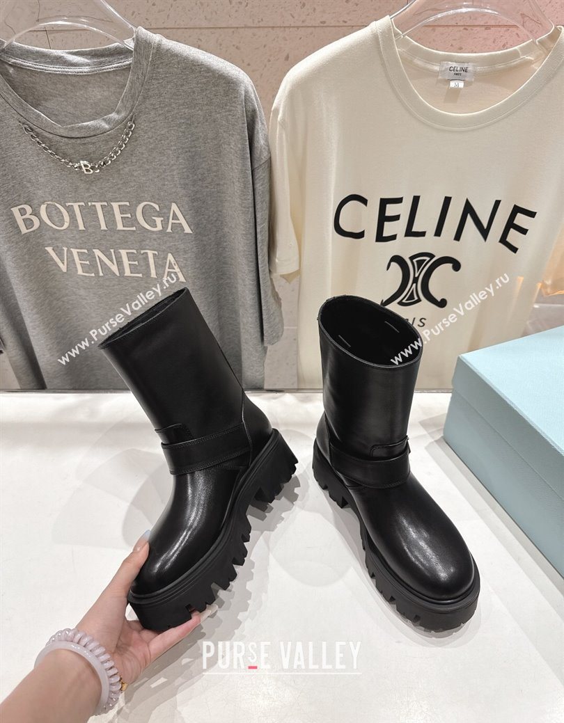 Prada Leather Platform Booties 5cm with Buckle Black 2025 1U187O (MD-251027070)