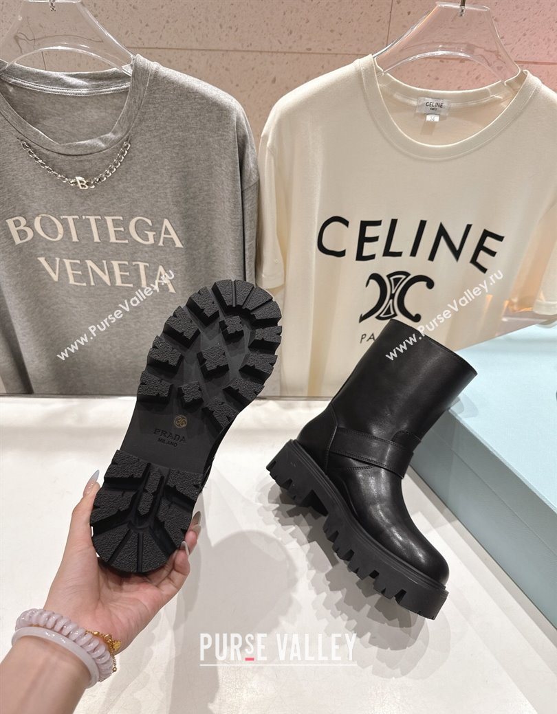 Prada Leather Platform Booties 5cm with Buckle Black 2025 1U187O (MD-251027070)