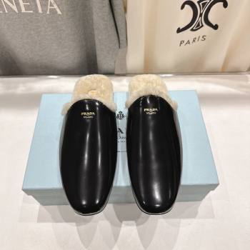 Prada Brushed Leather and Wool Flat Mules Black 2025 1S008O (MD-251027002)