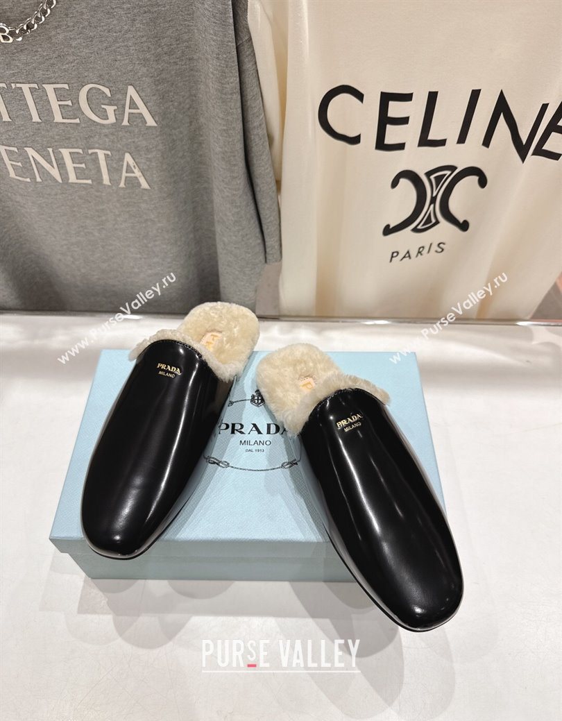 Prada Brushed Leather and Wool Flat Mules Black 2025 1S008O (MD-251027002)