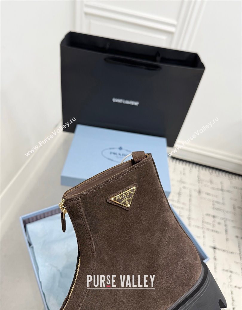 Prada Suede Platform Booties 6cm with Zip Dark Brown 2025 1T328O (KER-251027062)