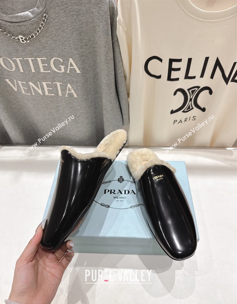 Prada Brushed Leather and Wool Flat Mules Black 2025 1S008O (MD-251027002)
