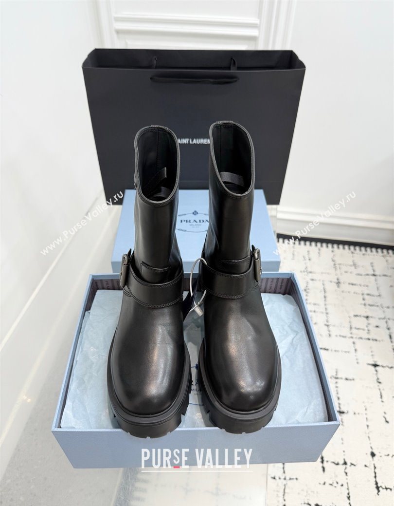 Prada Leather Platform Booties 5cm with Buckle Black 2025 1U187O (KER-251027063)