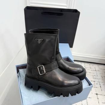 Prada Leather Platform Booties 5cm with Buckle Black 2025 1U187O (KER-251027063)