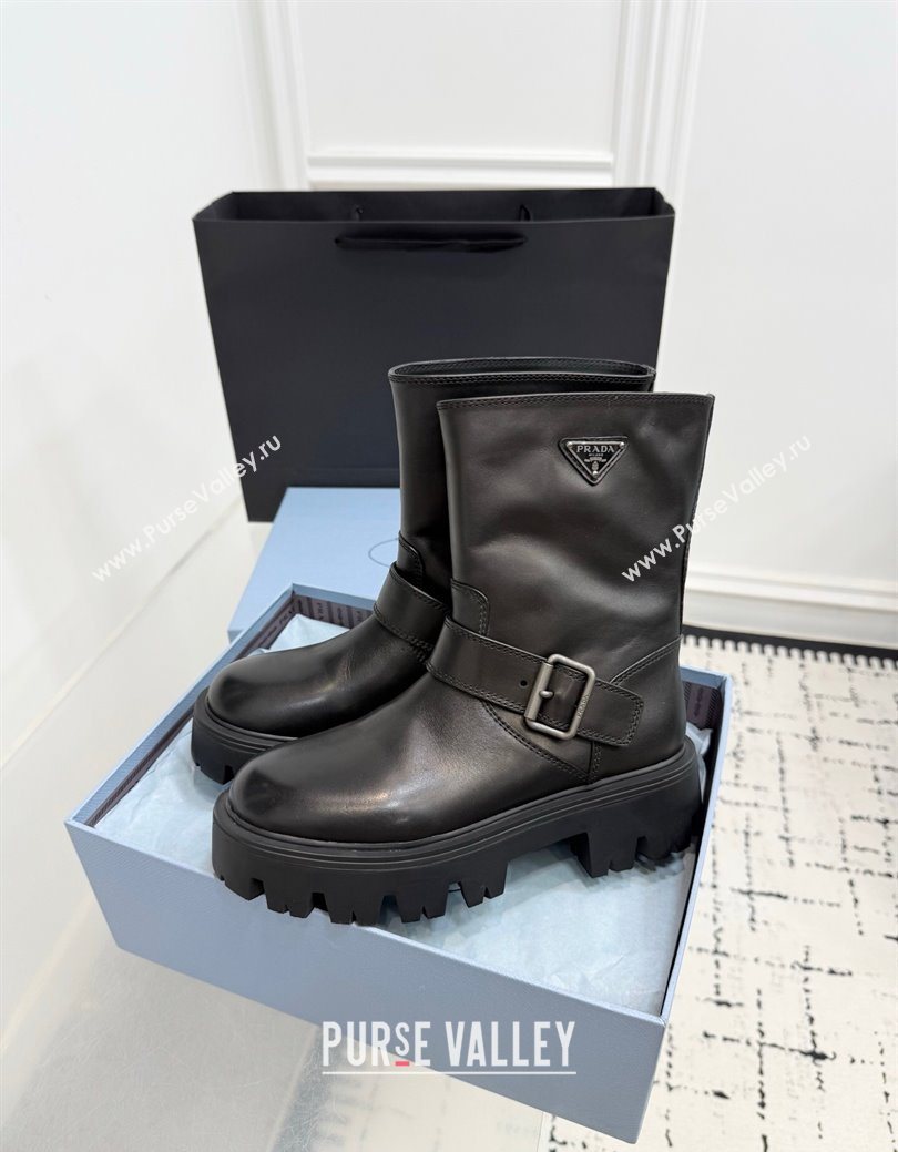Prada Leather Platform Booties 5cm with Buckle Black 2025 1U187O (KER-251027063)
