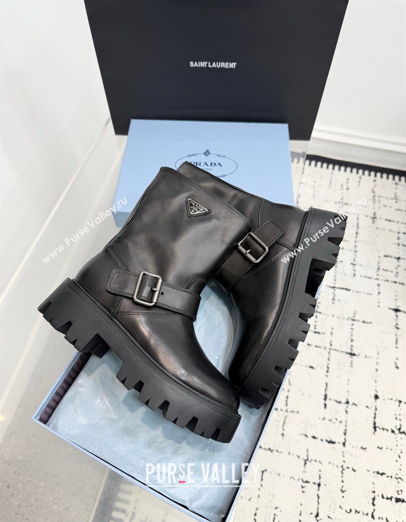 Prada Leather Platform Booties 5cm with Buckle Black 2025 1U187O (KER-251027063)