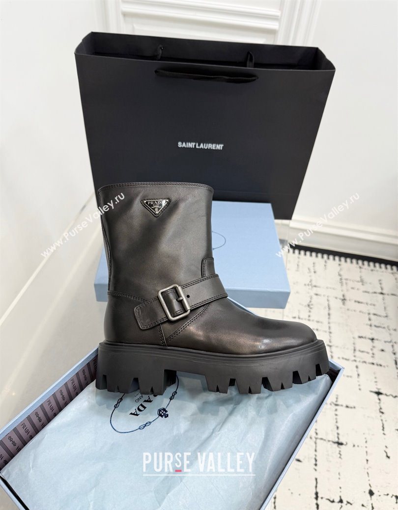 Prada Leather Platform Booties 5cm with Buckle Black 2025 1U187O (KER-251027063)