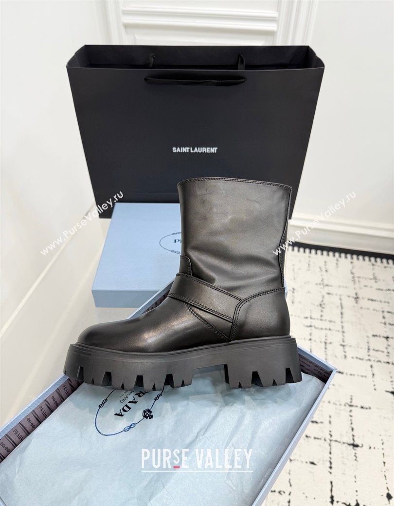 Prada Leather Platform Booties 5cm with Buckle Black 2025 1U187O (KER-251027063)