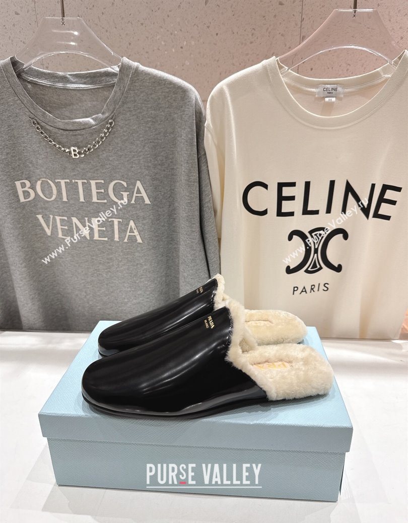 Prada Brushed Leather and Wool Flat Mules Black 2025 1S008O (MD-251027002)