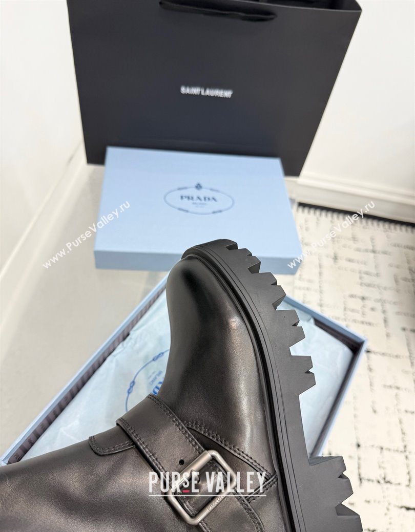 Prada Leather Platform Booties 5cm with Buckle Black 2025 1U187O (KER-251027063)