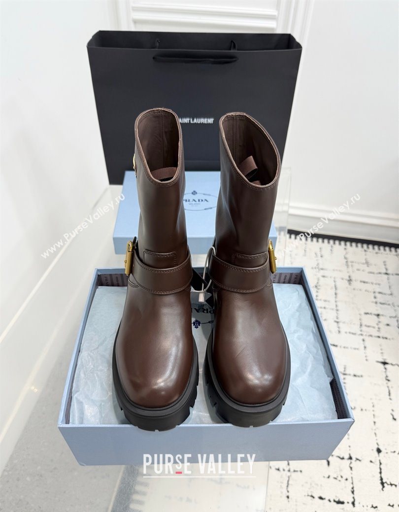Prada Leather Platform Booties 5cm with Buckle Dark Brown 2025 1U187O (KER-251027064)