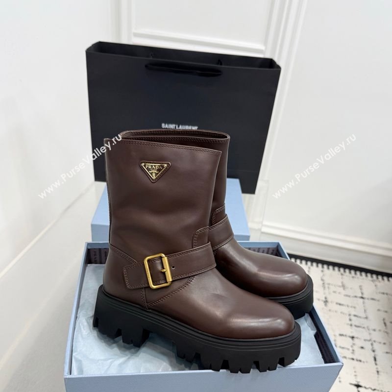 Prada Leather Platform Booties 5cm with Buckle Dark Brown 2025 1U187O (KER-251027064)