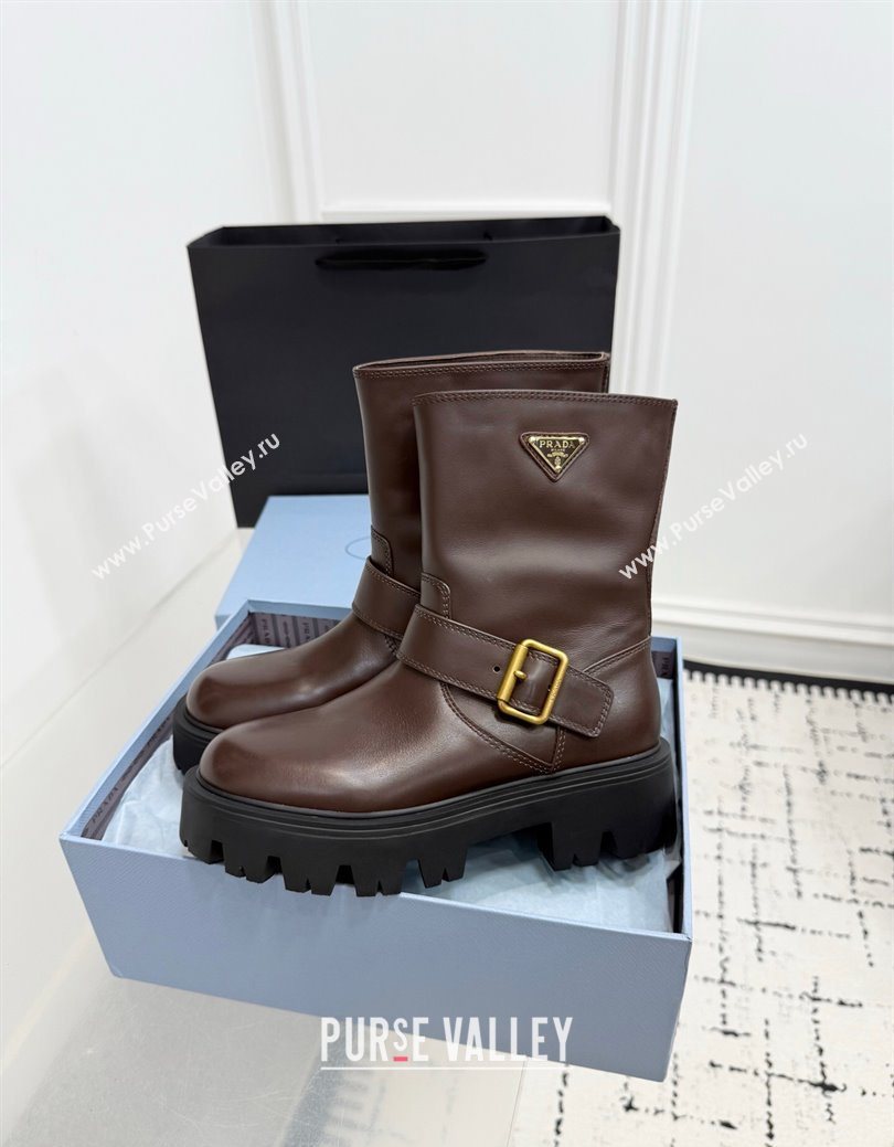 Prada Leather Platform Booties 5cm with Buckle Dark Brown 2025 1U187O (KER-251027064)