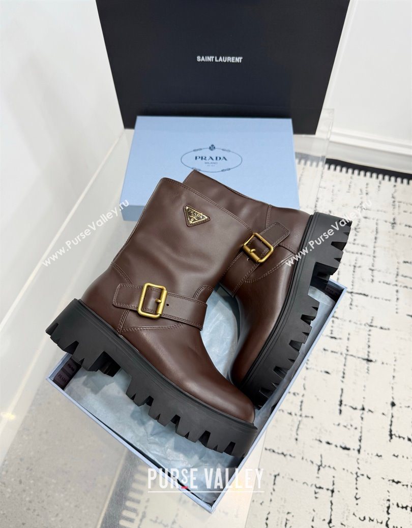 Prada Leather Platform Booties 5cm with Buckle Dark Brown 2025 1U187O (KER-251027064)