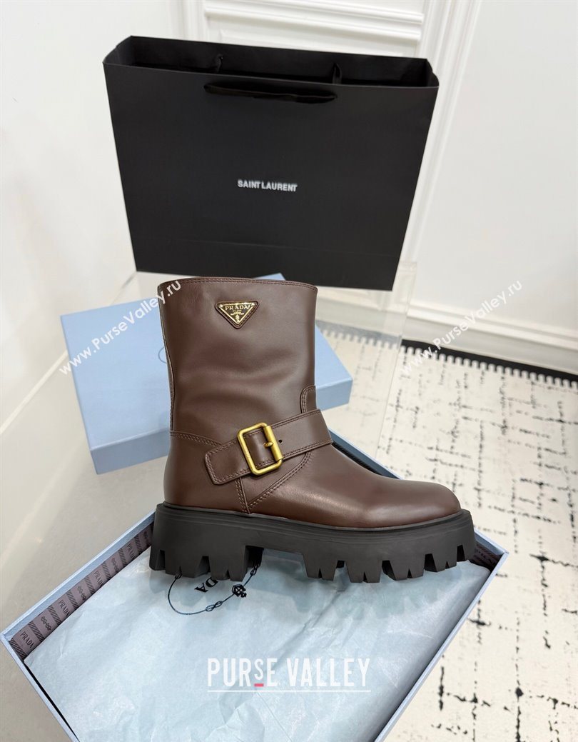 Prada Leather Platform Booties 5cm with Buckle Dark Brown 2025 1U187O (KER-251027064)
