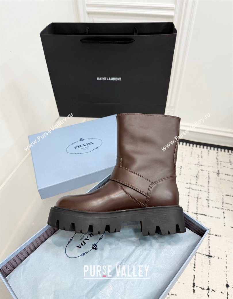 Prada Leather Platform Booties 5cm with Buckle Dark Brown 2025 1U187O (KER-251027064)