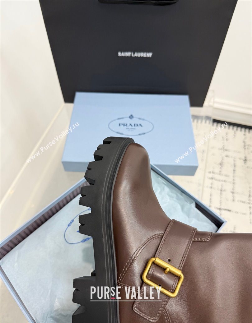 Prada Leather Platform Booties 5cm with Buckle Dark Brown 2025 1U187O (KER-251027064)