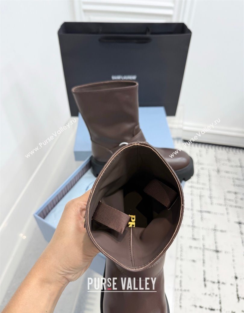 Prada Leather Platform Booties 5cm with Buckle Dark Brown 2025 1U187O (KER-251027064)