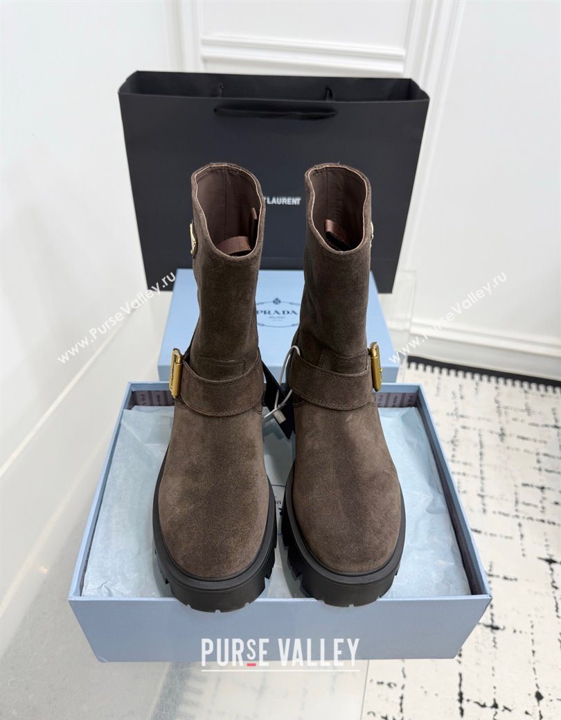 Prada Suede Platform Booties 5cm with Buckle Brown 2025 1U187O (KER-251027065)