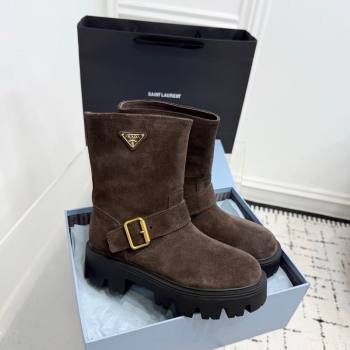 Prada Suede Platform Booties 5cm with Buckle Brown 2025 1U187O (KER-251027065)