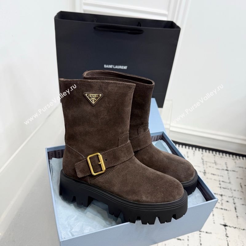 Prada Suede Platform Booties 5cm with Buckle Brown 2025 1U187O (KER-251027065)