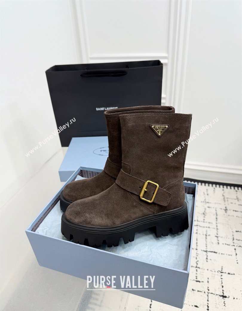 Prada Suede Platform Booties 5cm with Buckle Brown 2025 1U187O (KER-251027065)