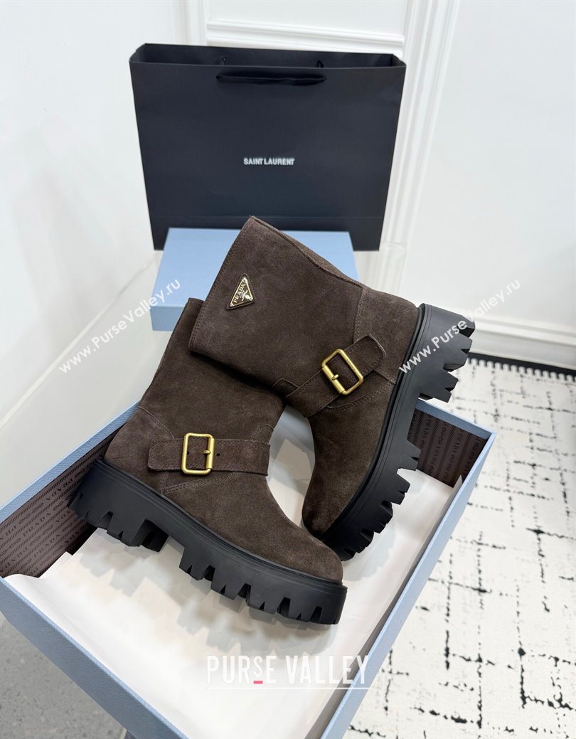Prada Suede Platform Booties 5cm with Buckle Brown 2025 1U187O (KER-251027065)