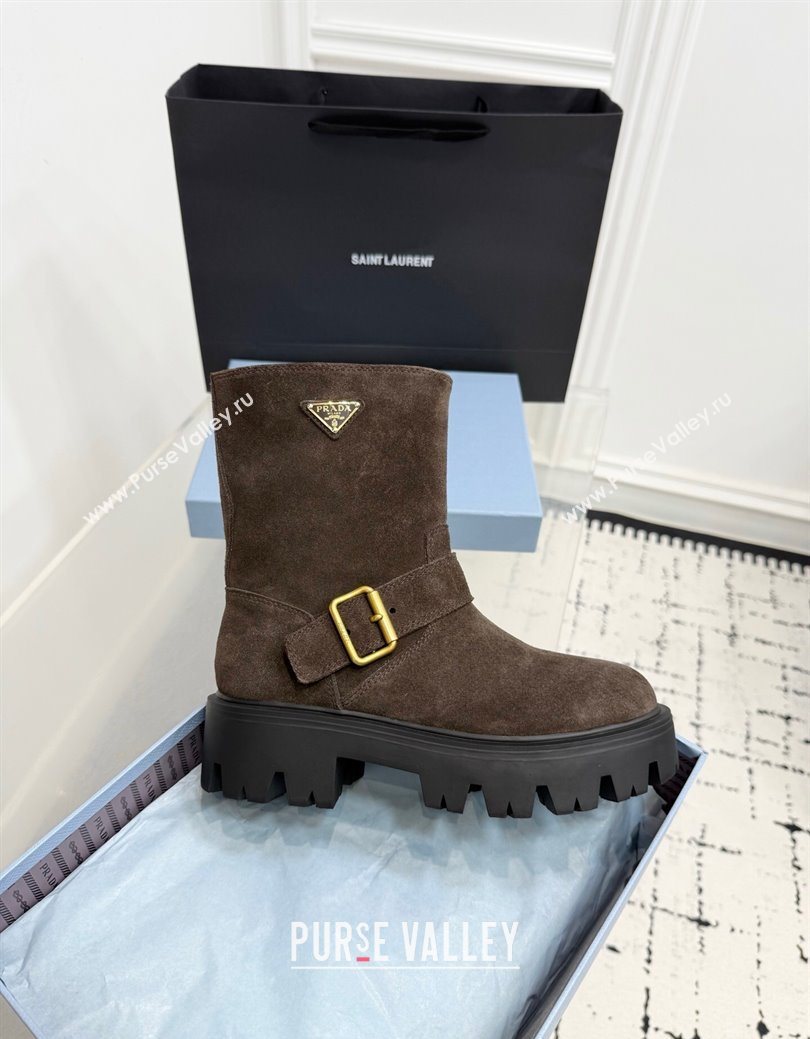 Prada Suede Platform Booties 5cm with Buckle Brown 2025 1U187O (KER-251027065)