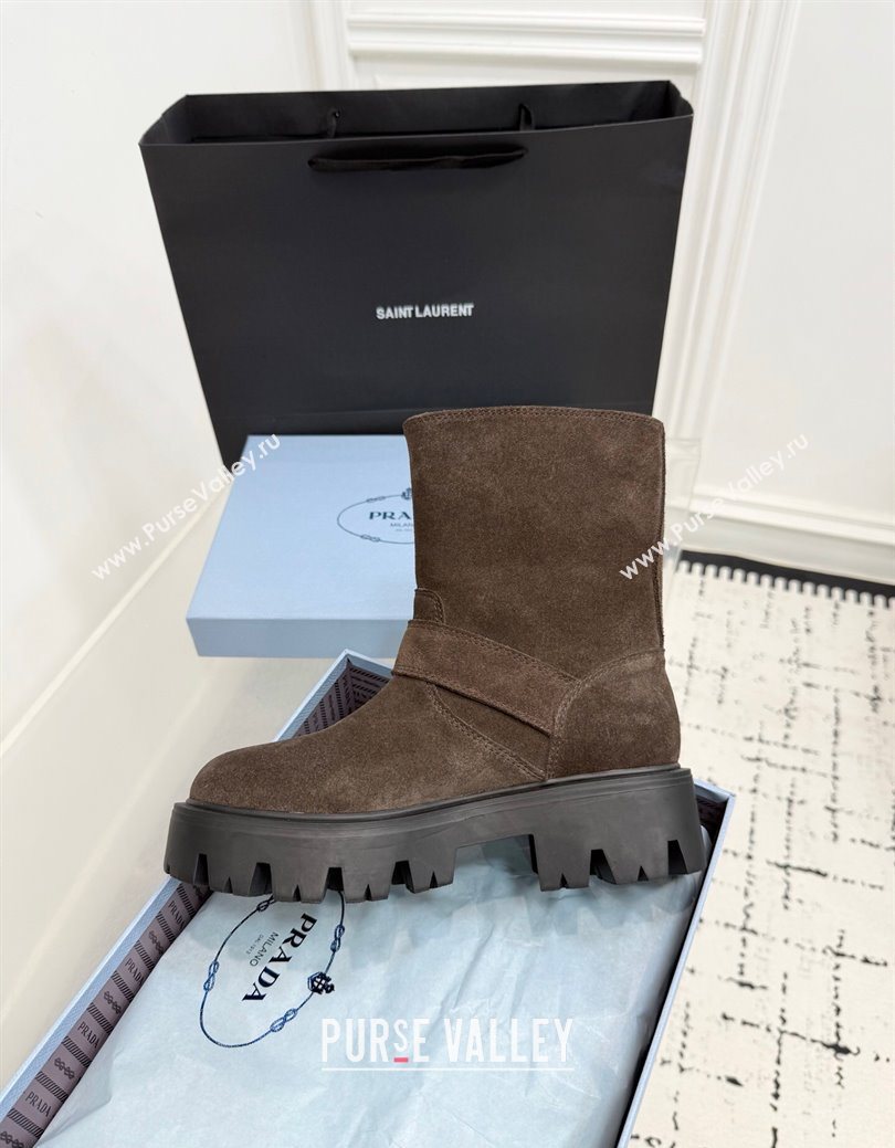 Prada Suede Platform Booties 5cm with Buckle Brown 2025 1U187O (KER-251027065)