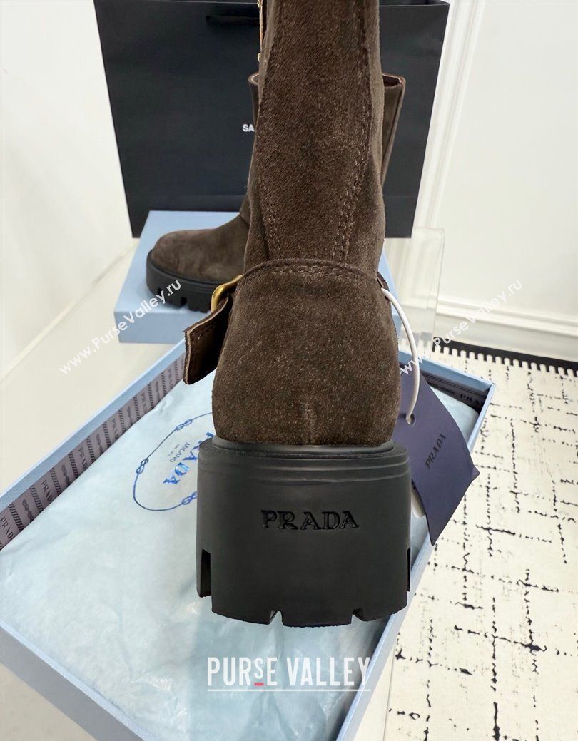 Prada Suede Platform Booties 5cm with Buckle Brown 2025 1U187O (KER-251027065)