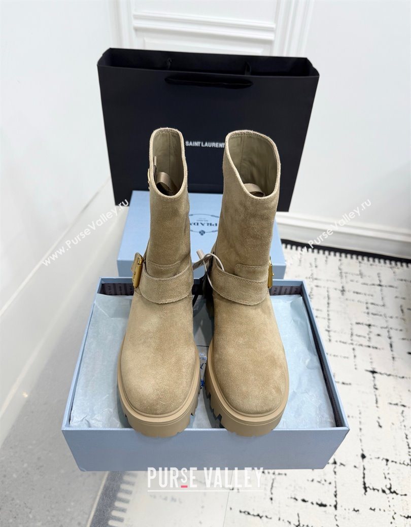 Prada Leather Platform Booties 5cm with Buckle Beige 2025 1U187O (KER-251027066)