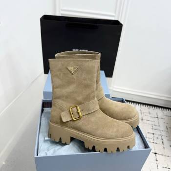 Prada Leather Platform Booties 5cm with Buckle Beige 2025 1U187O (KER-251027066)