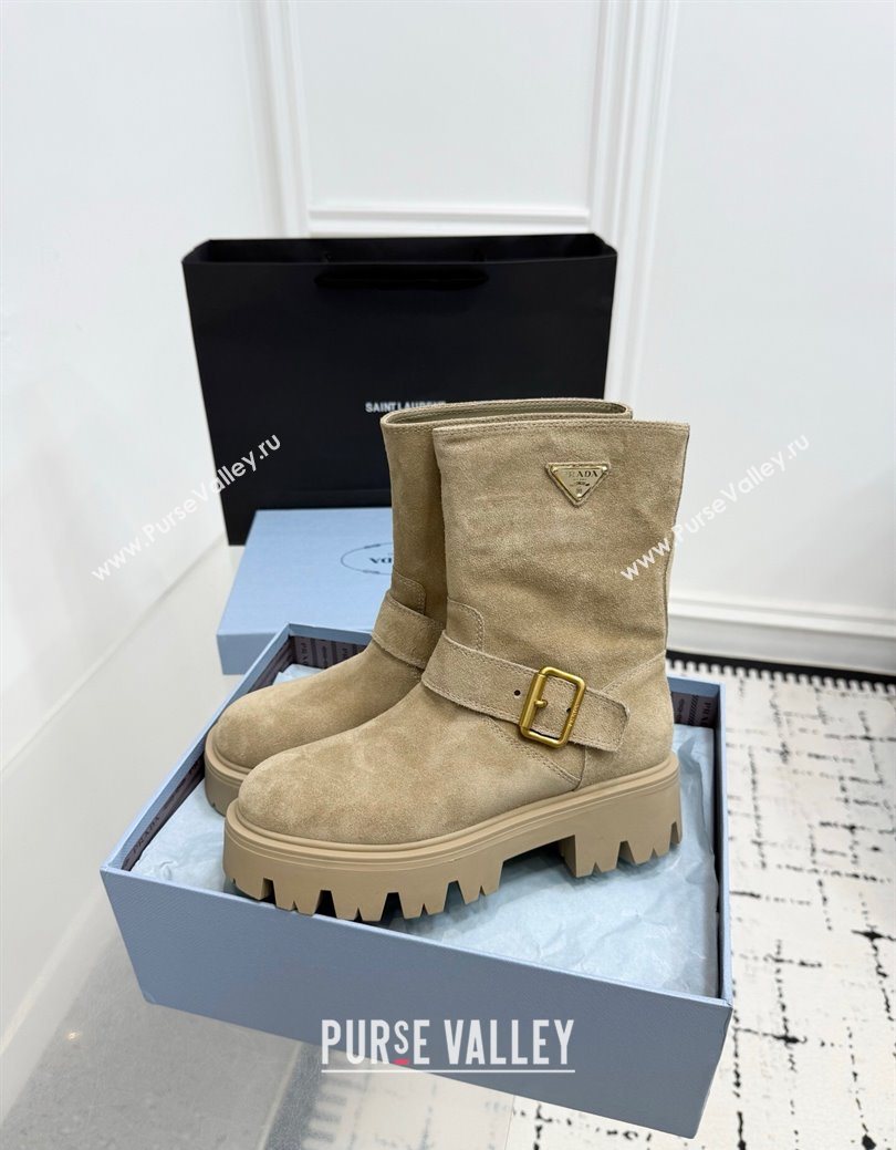 Prada Leather Platform Booties 5cm with Buckle Beige 2025 1U187O (KER-251027066)