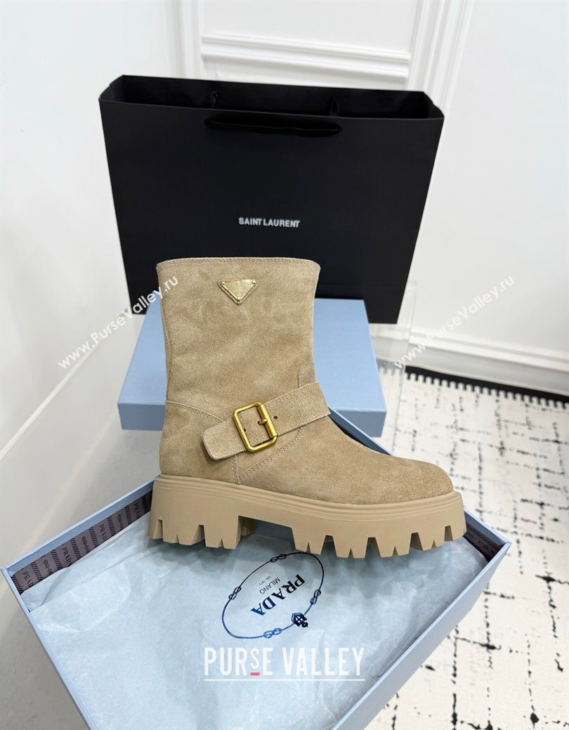 Prada Leather Platform Booties 5cm with Buckle Beige 2025 1U187O (KER-251027066)