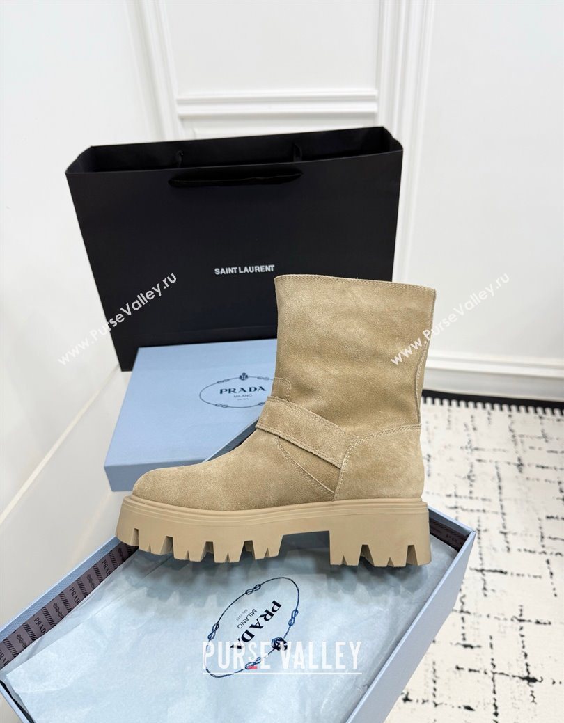 Prada Leather Platform Booties 5cm with Buckle Beige 2025 1U187O (KER-251027066)