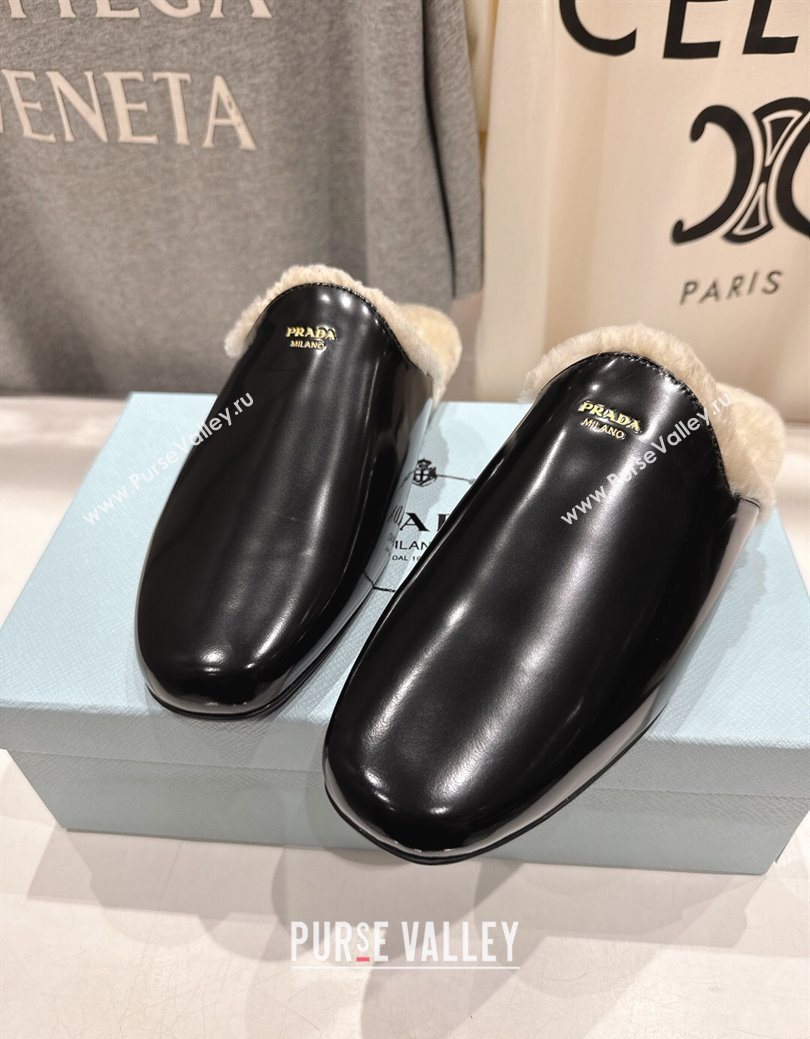 Prada Brushed Leather and Wool Flat Mules Black 2025 1S008O (MD-251027002)