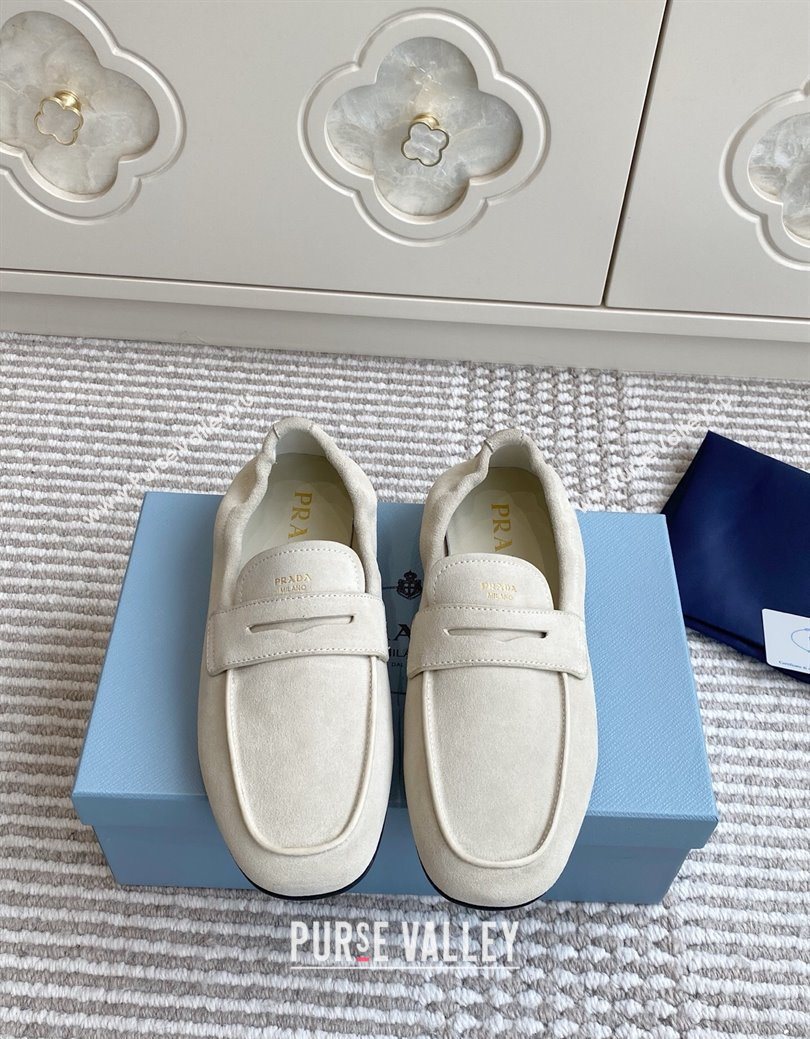 Prada Shuffle Antiqued Suede Loafers White 2025 1D051O (MD-251027057)