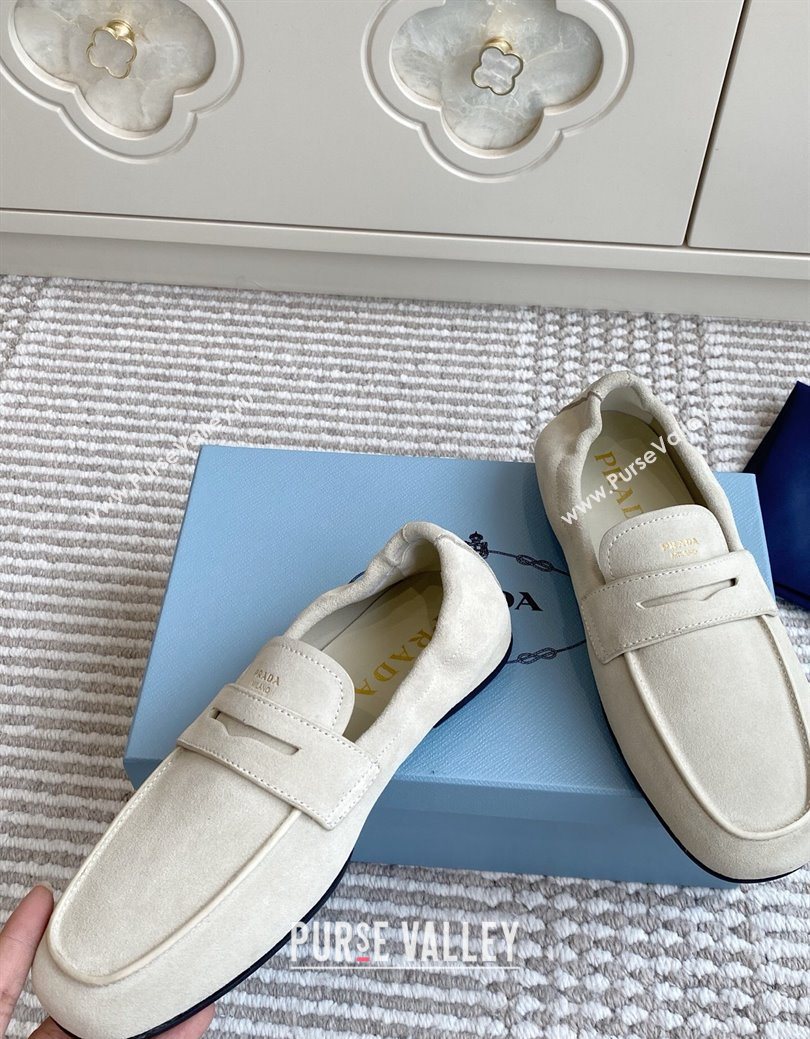 Prada Shuffle Antiqued Suede Loafers White 2025 1D051O (MD-251027057)