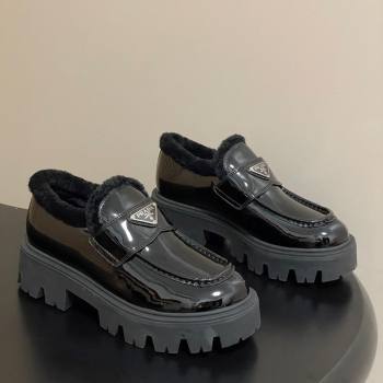 Prada Patent Leather and Wool Platform Loafers 5cm Black 2025 1D185O (MD-251027045)