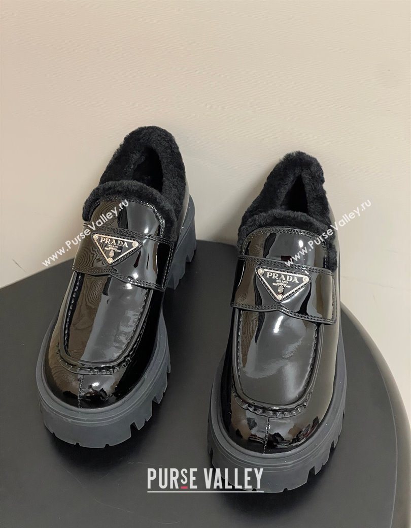 Prada Patent Leather and Wool Platform Loafers 5cm Black 2025 1D185O (MD-251027045)