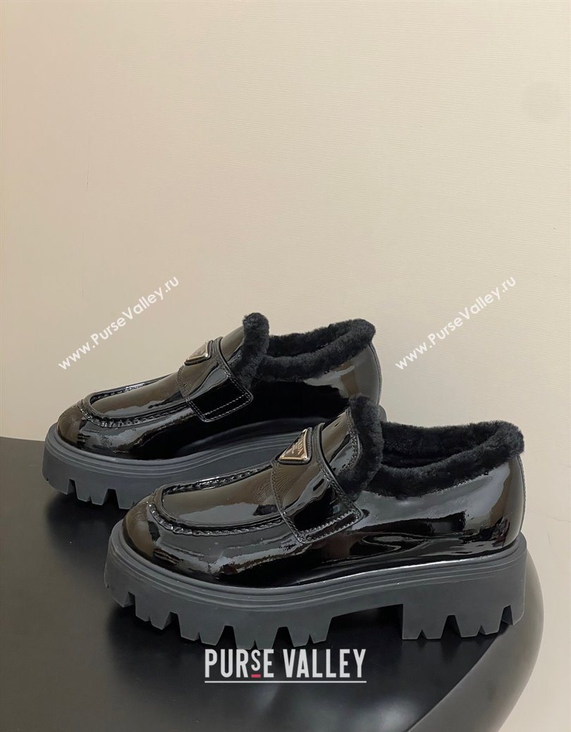 Prada Patent Leather and Wool Platform Loafers 5cm Black 2025 1D185O (MD-251027045)