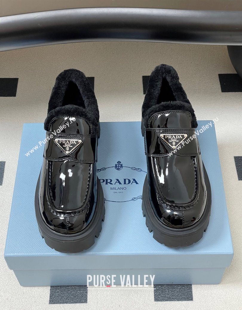 Prada Patent Leather and Wool Platform Loafers 5cm Black 2025 1D185O (MD-251027045)