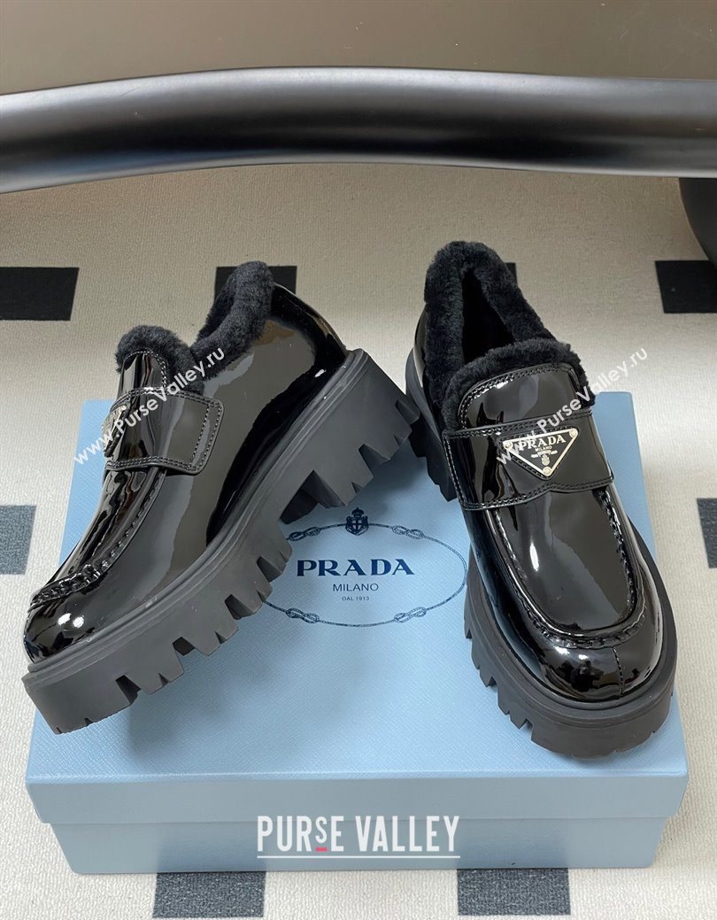 Prada Patent Leather and Wool Platform Loafers 5cm Black 2025 1D185O (MD-251027045)