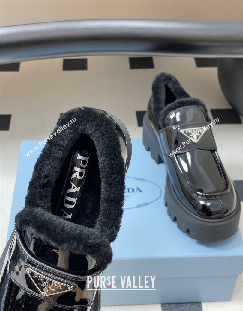 Prada Patent Leather and Wool Platform Loafers 5cm Black 2025 1D185O (MD-251027045)