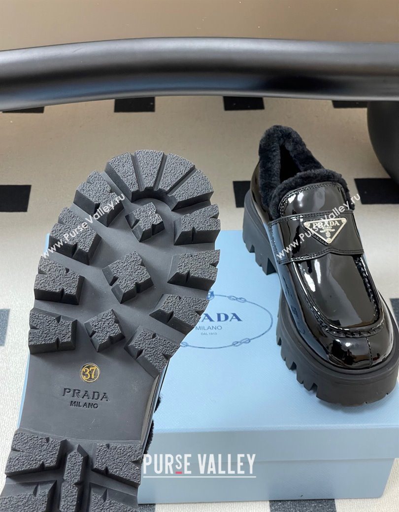 Prada Patent Leather and Wool Platform Loafers 5cm Black 2025 1D185O (MD-251027045)