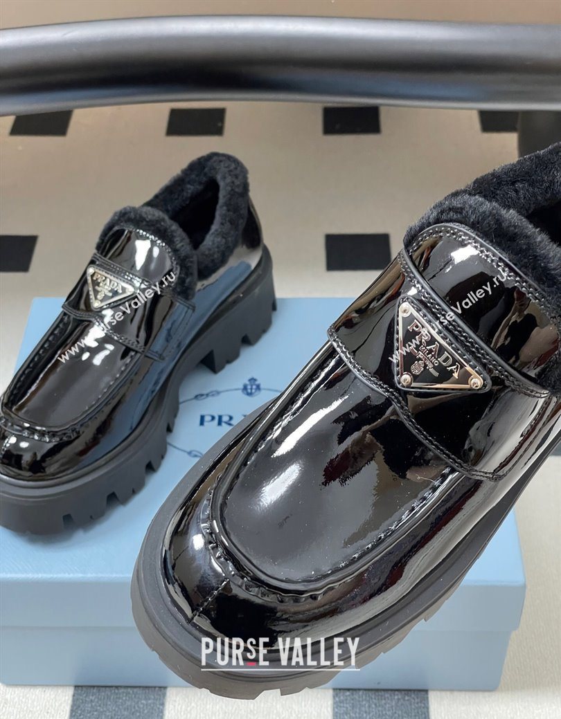 Prada Patent Leather and Wool Platform Loafers 5cm Black 2025 1D185O (MD-251027045)