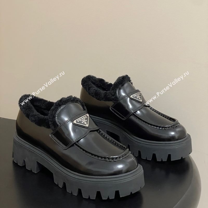 Prada Brushed Leather and Wool Platform Loafers 5cm Black 2025 1D185O (MD-251027046)