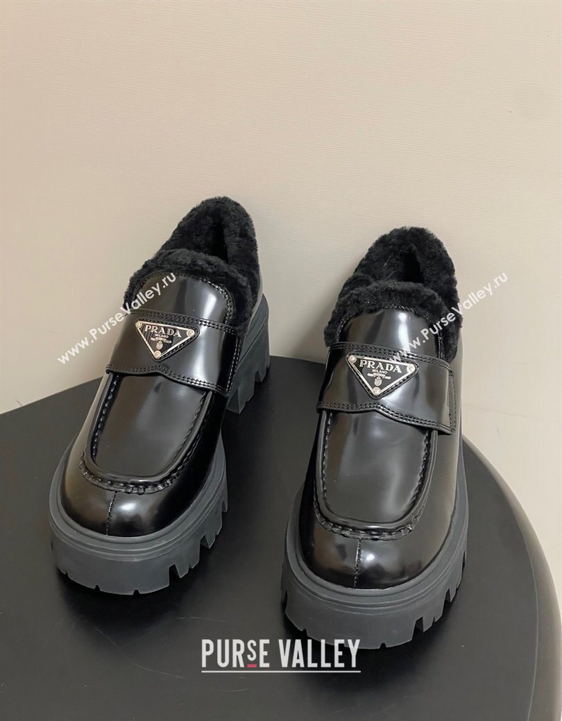 Prada Brushed Leather and Wool Platform Loafers 5cm Black 2025 1D185O (MD-251027046)